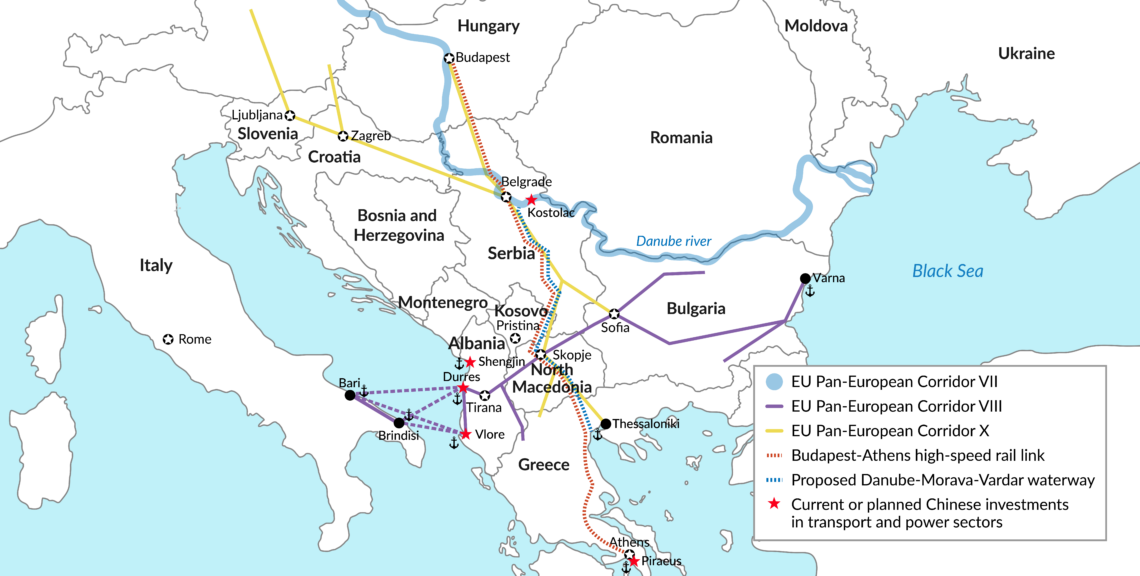 Map of ports and transport corridors in the Western Balkans