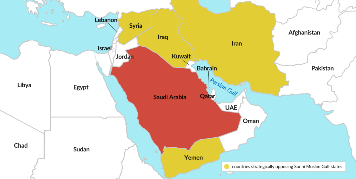 A map showing the challenging geopolitical situation of the Persian Gulf’s most powerful state