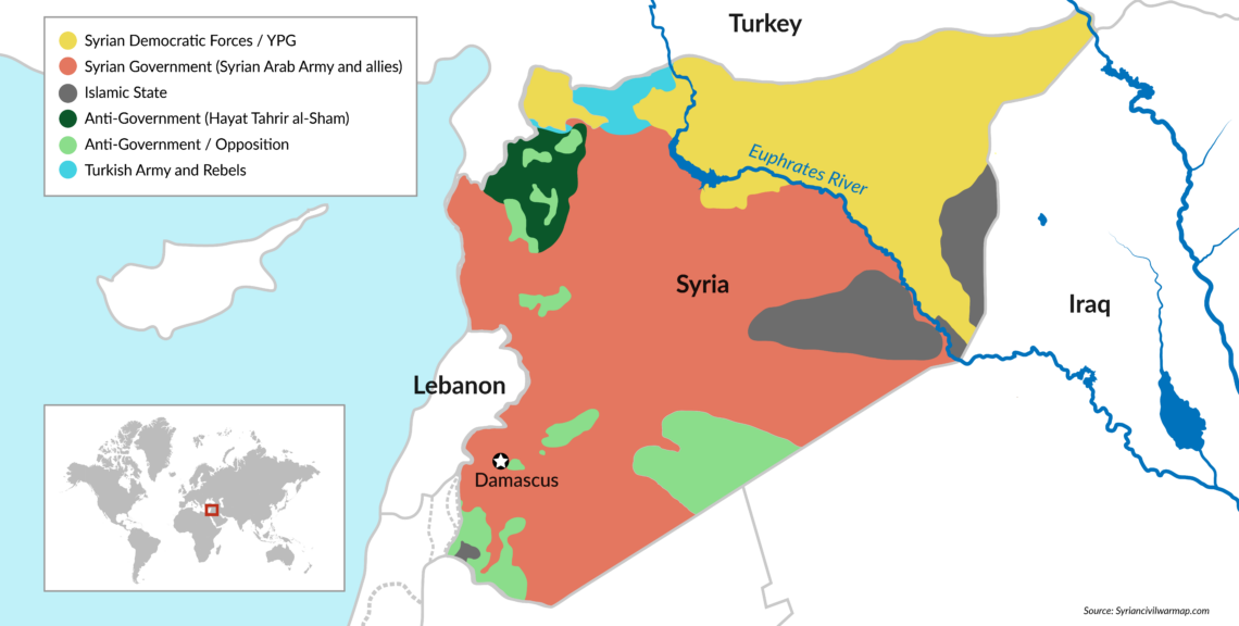 A map showing areas of control in Syria