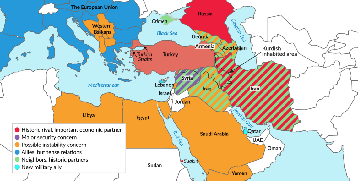 A map showing Turkey's difficult geopolitical surrounding