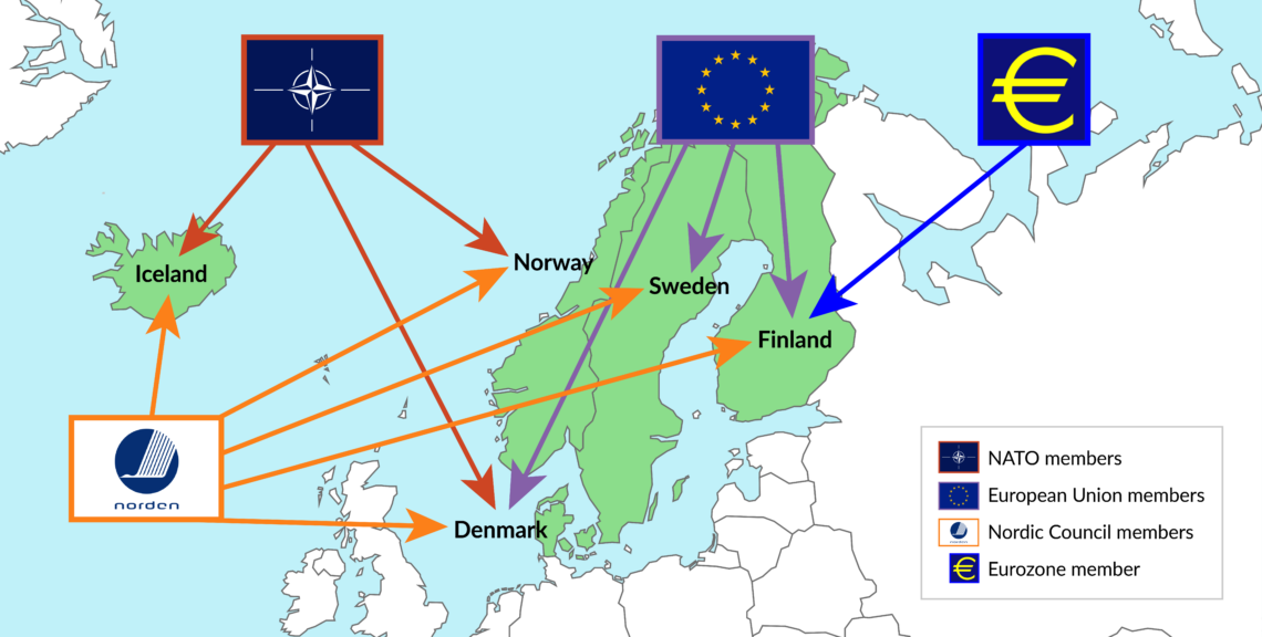 A map of northern Europe, showing the various NATO, EU, eurozone and Nordic Council members European project