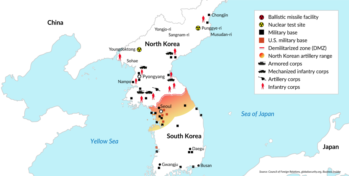 Map of North Korea’s main strategic facilities, military bases and headquarters