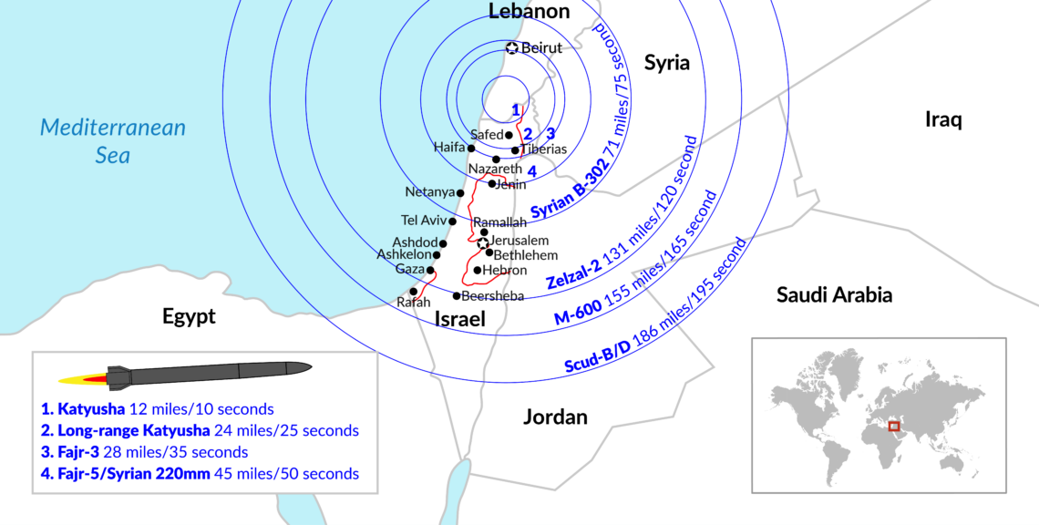 Map of Hezbollah missile ranges and flight times from southern Lebanon into Israel