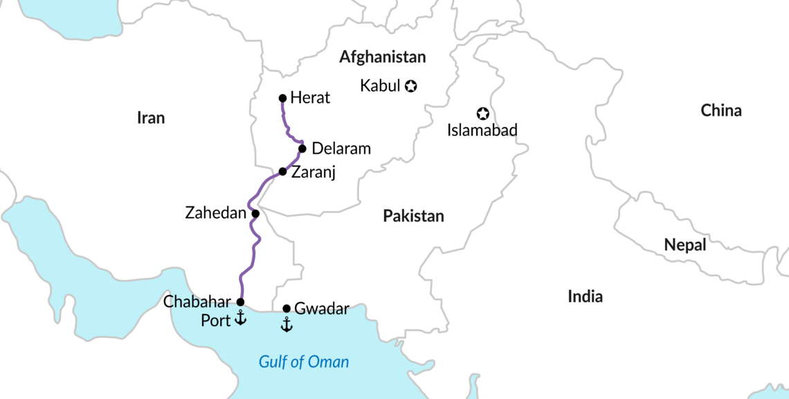 A map showing the planned route of the Chabahar corridor in Iran and Afghanistan