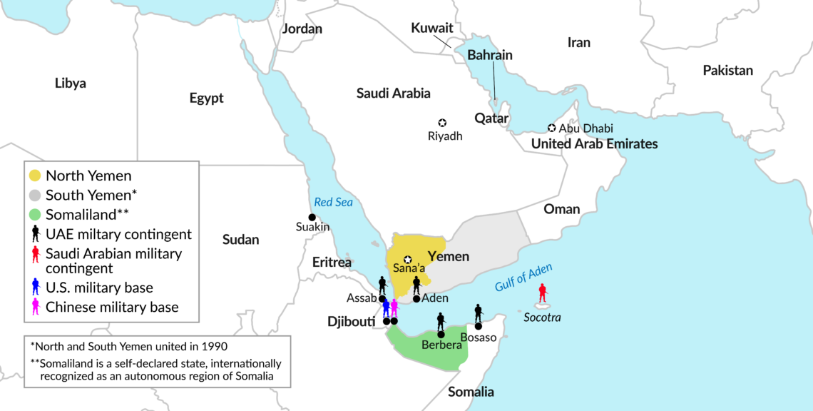 A map of the Red Sea region with relevant troop deployments and military bases