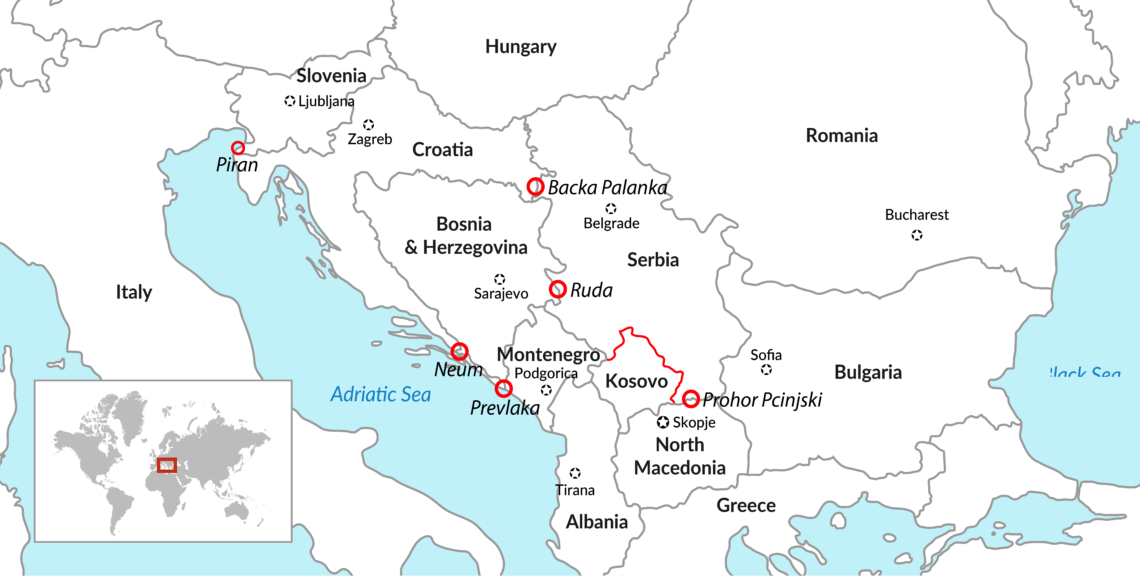 A map highlighting several Balkan border-dispute hotspots