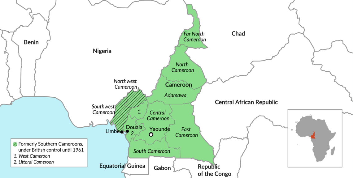 A map of Cameroon, highlighting the majority English-speaking regions