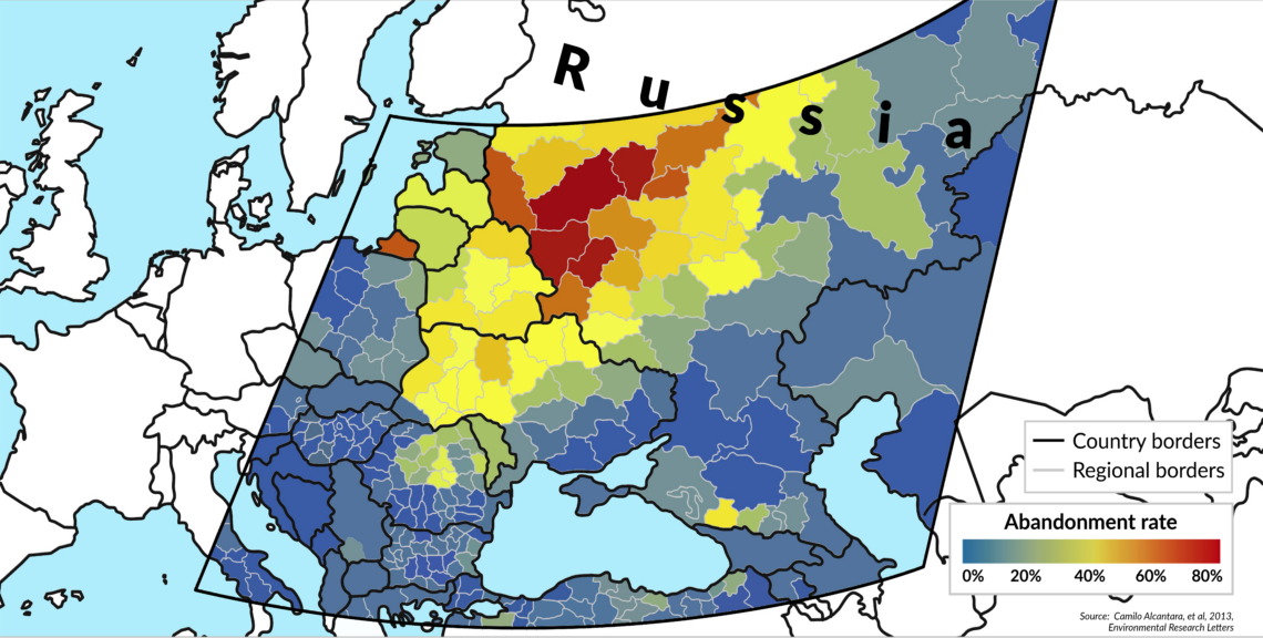 A map showing levels of farmland abandonment in Russia