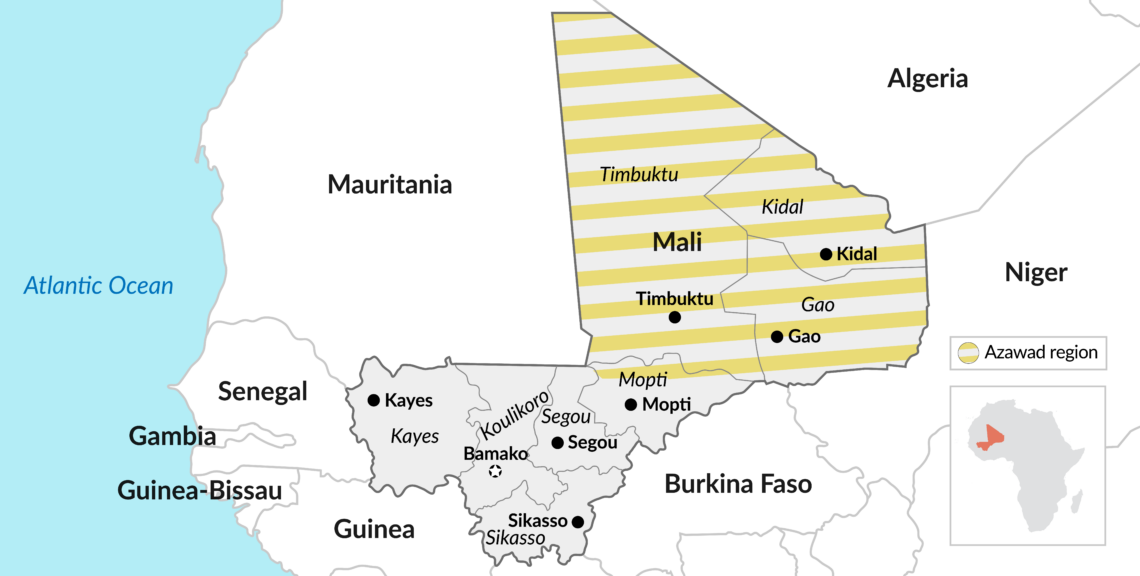 A political map of Mali, showing the northern Azawad region