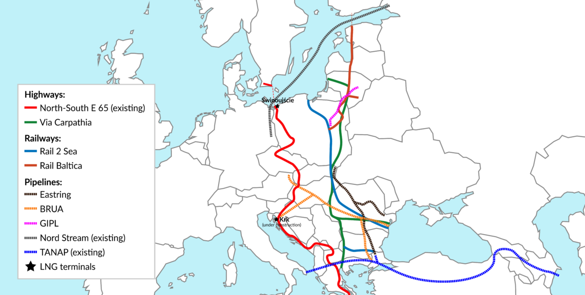 A map of existing and proposed energy and transportation infrastructure in Central and Eastern Europe