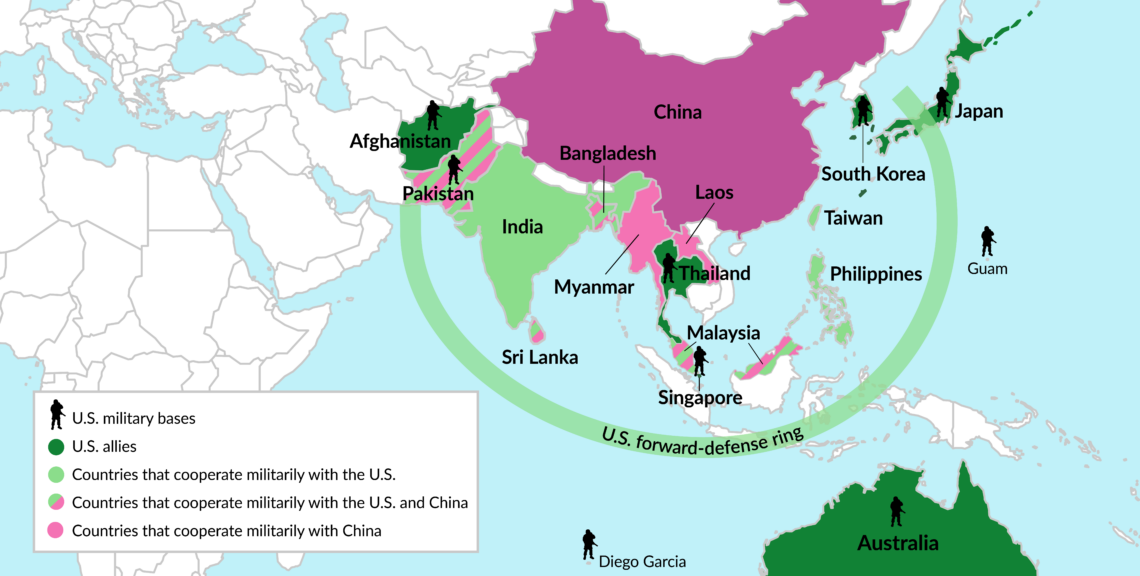 A map showing the arc of American allies and military bases stretching from the North Pacific to the Indian Ocean