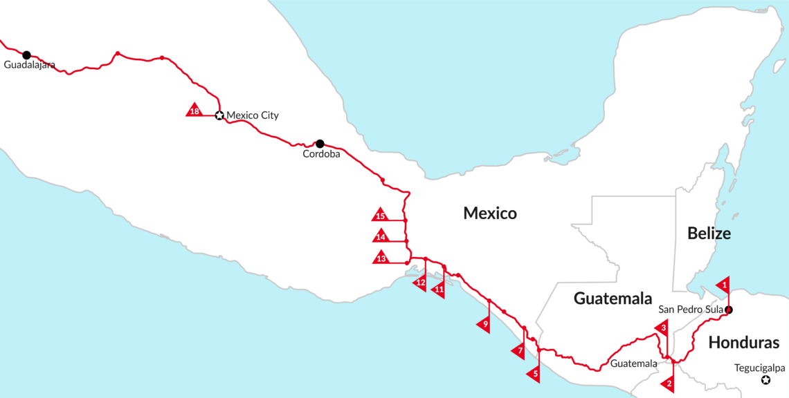A map showing the route of the migrant caravan from Central America