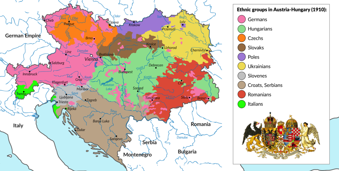 A map showing the ethnic composition of the Austro-Hungarian Empire in 1910.