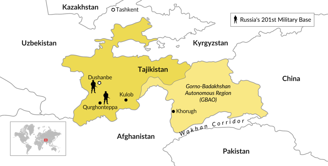 Map of Tajikistan, its eastern province and Russian military bases there