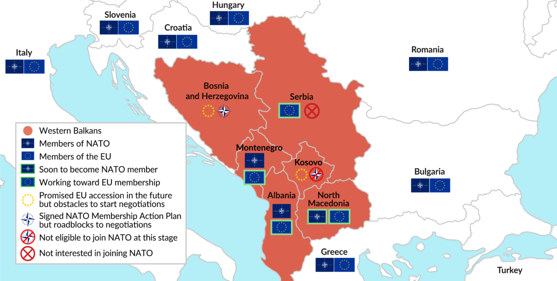 The region around the Western Balkans, with the NATO and EU status of various countries