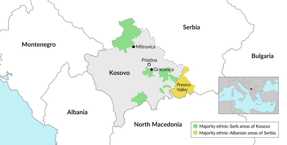 Kosovo and southern Serbia, with majority ethnic-Serb and ethnic-Albanian areas