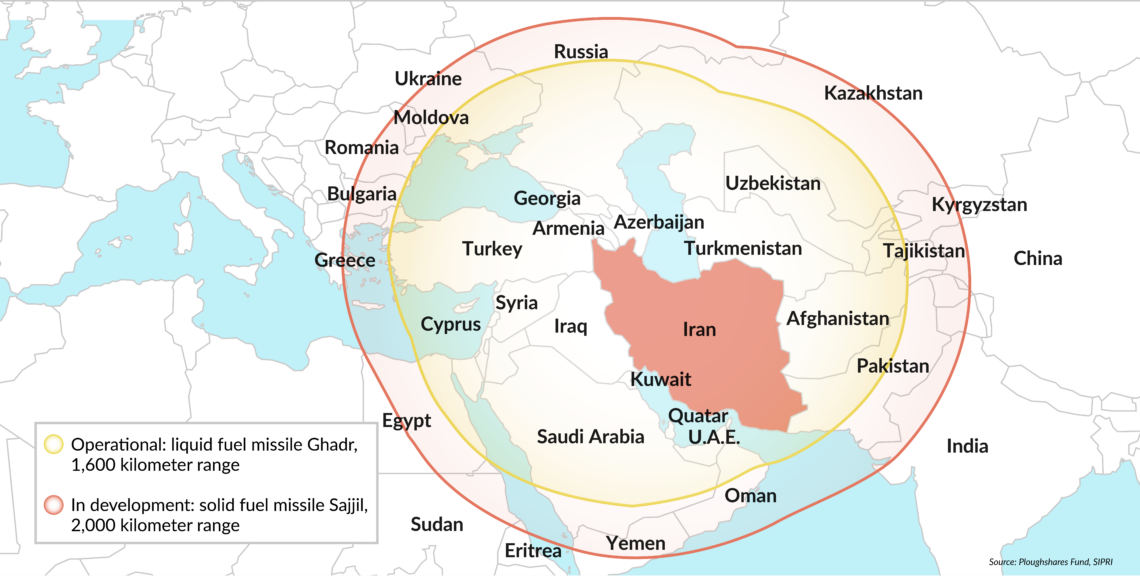 A map that shows the areas in the Middle East, Europe and Central Asia that Iran’s ballistic missiles threaten right now and will be able to reach in a near future