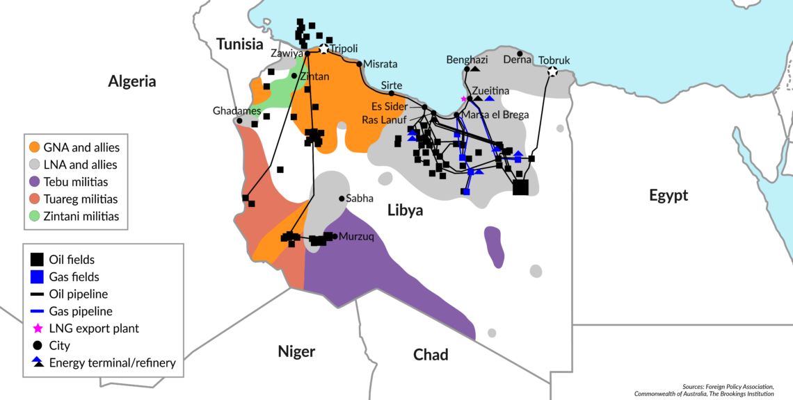 Map of Libya with oil installations and areas of control