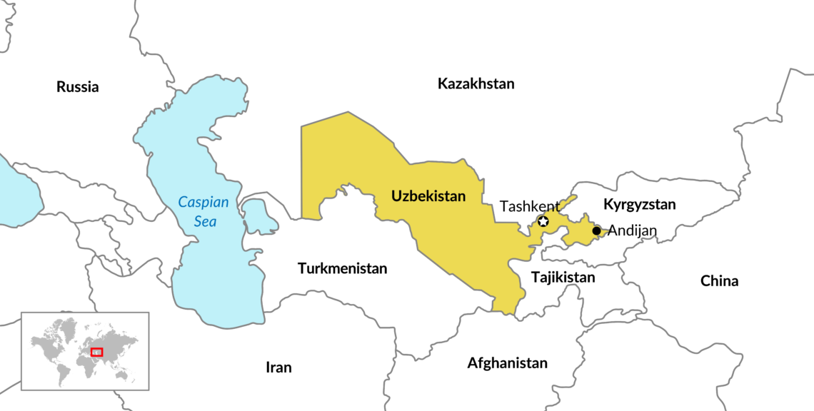A map of Uzbekistan in Central Asia