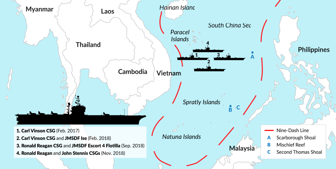Map of recent U.S. and allied carrier operations in the South China Sea