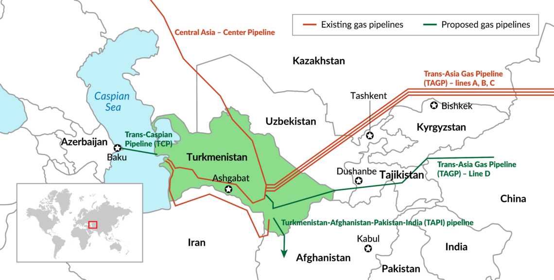 Map of Turkmenistan and Central Asian gas networks