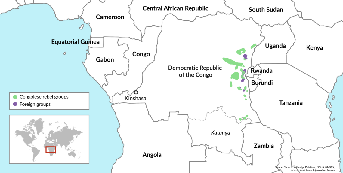 Map of the DRC showing areas where armed rebels are active