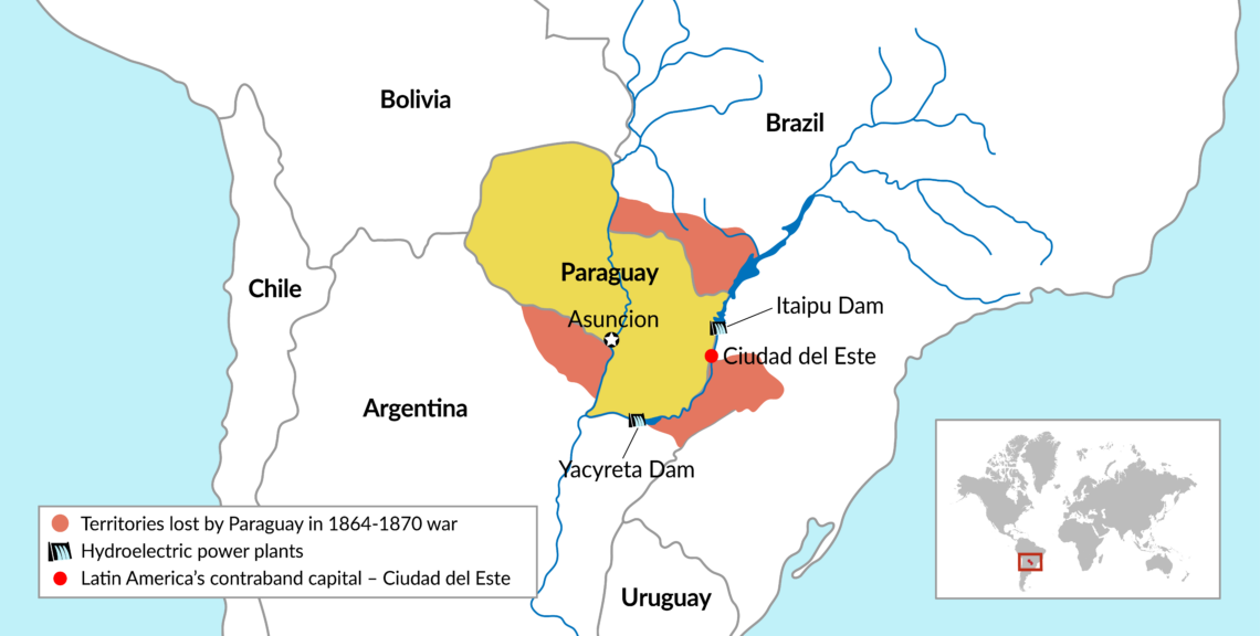 A map showing Paraguay’s contemporary and past borders, its biggest hydropower installations and its “Wild East” frontier city