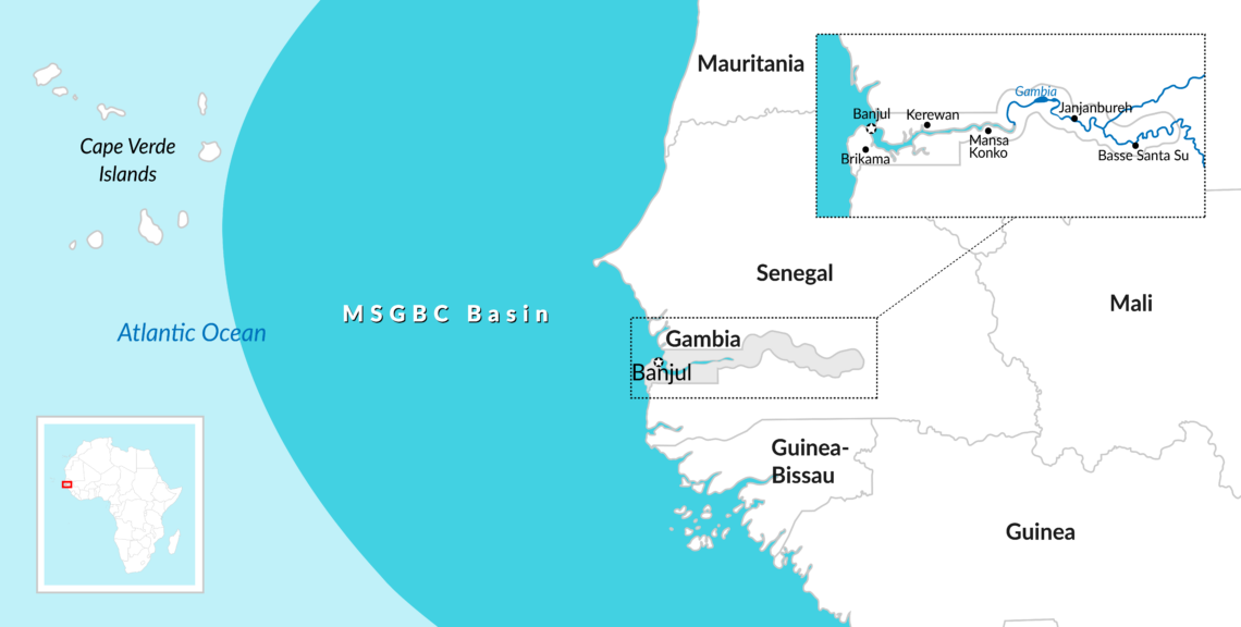 A map of The Gambia, showing its position in Africa, as well as the MSGBC Basin