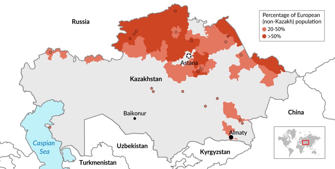 Map of Kazakhstan showing population density of Russians and other non-Kazakhs