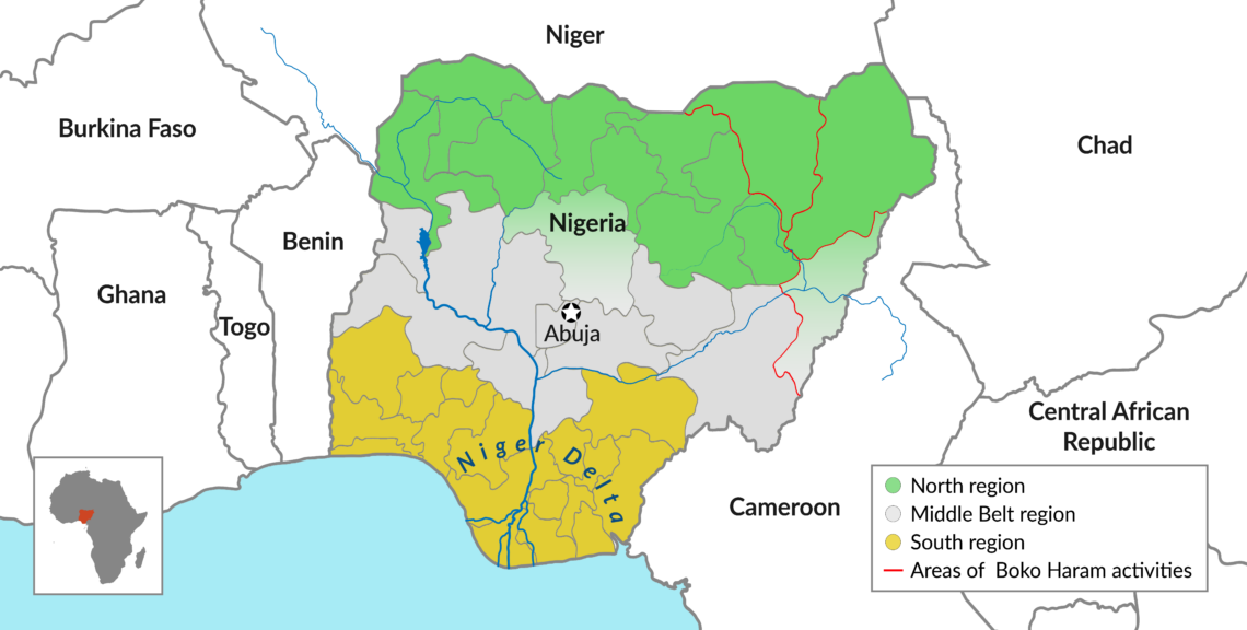 A map showing Nigeria’s three main geographical regions