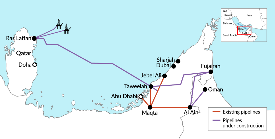 A map showing the pipelines of the Dolphin Gas Project