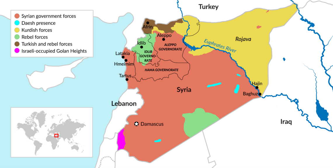 A map showing which areas of Syria are under whose control