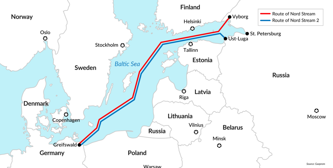 Route of Nord Stream and Nord Stream 2 pipelines