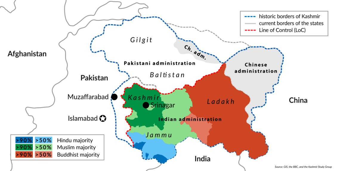 A map of Jammu and Kashmir, India, by religious group