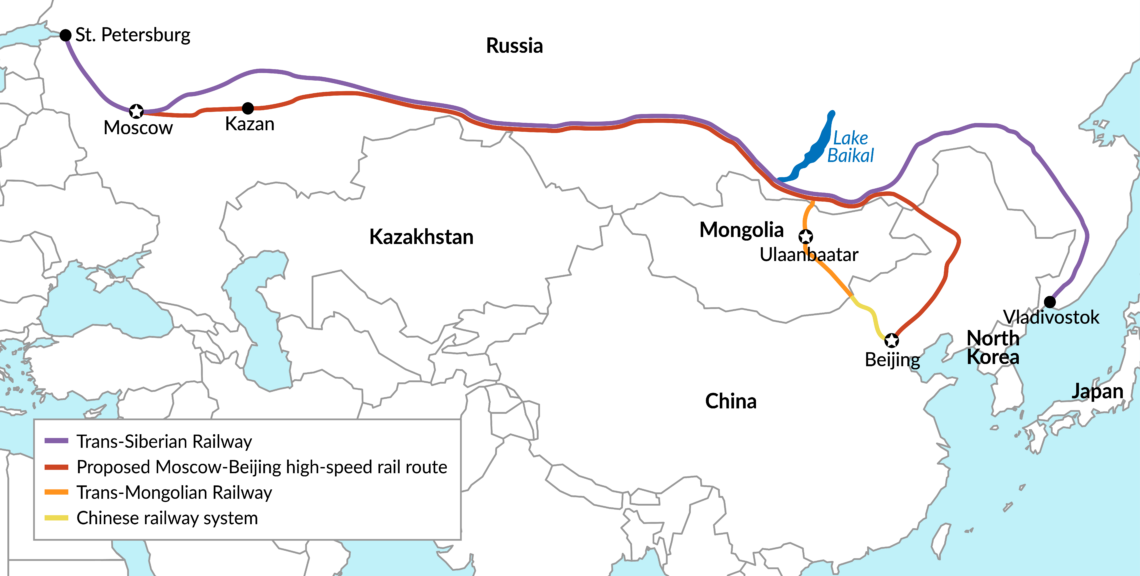 A map of the proposed Moscow-Beijing high-speed railway line