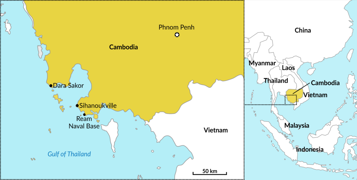 Map showing the location of Ream Naval Base, Sihanoukville and Dara Sakor