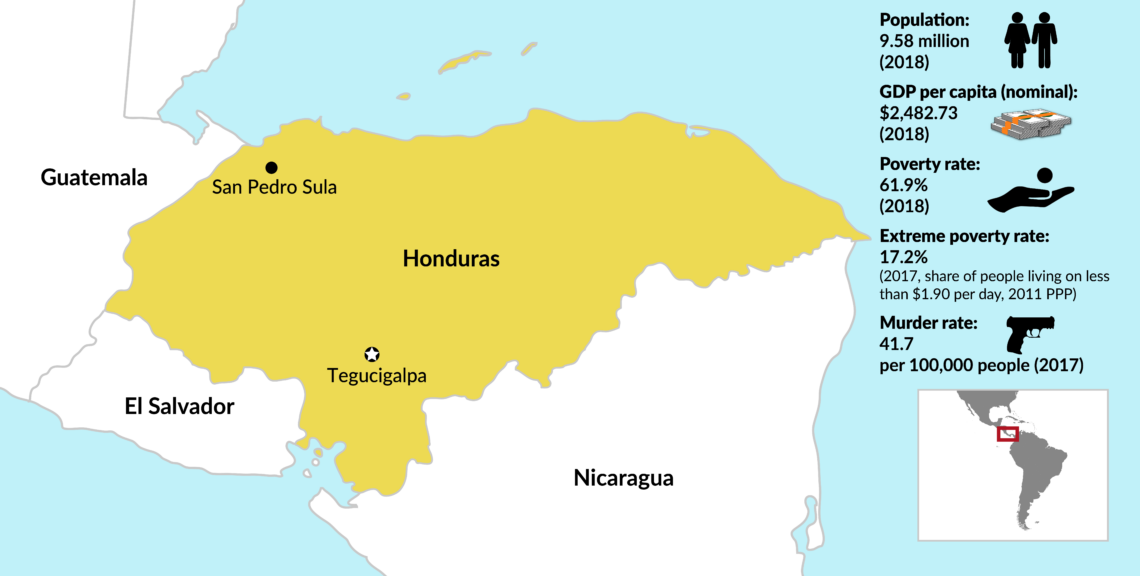 Map of Honduras with rates of poverty and homicide