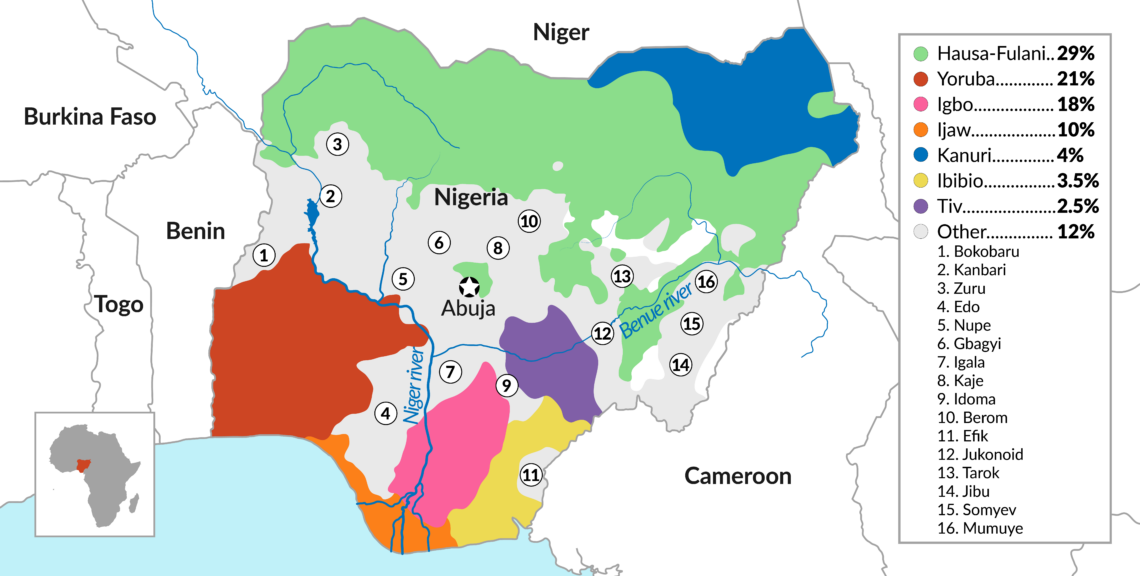 A map showing the geographic distribution of the main ethnic groups in Nigeria