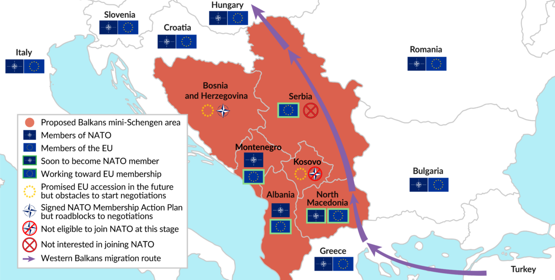 A map showing the NATO and EU accession status of various Balkans countries, as well as the Balkan route for migrants attempting to reach Europe