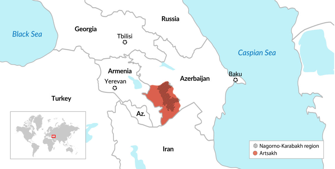A map of the Nagorno-Karabakh region with Armenia and Azerbaijan
