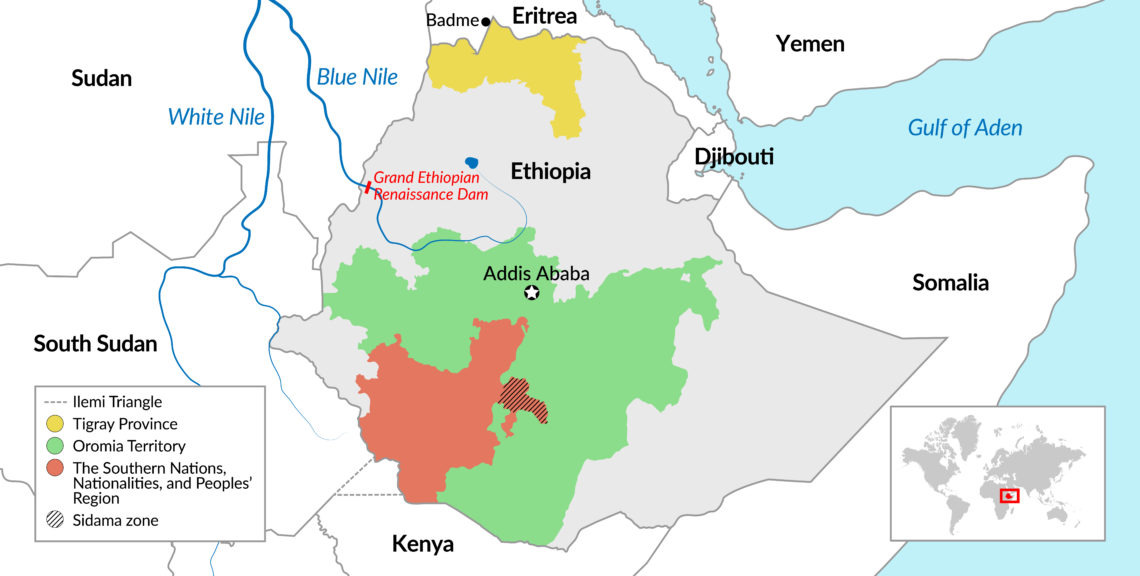 A map that shows the locations of Ethiopia’s political tensions