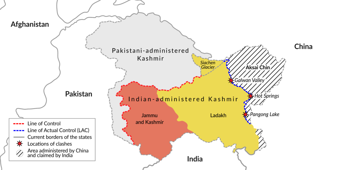 A map showing how the historical area of Kashmir is divided between Pakistan, India and China and where the most recent conflicts occurred