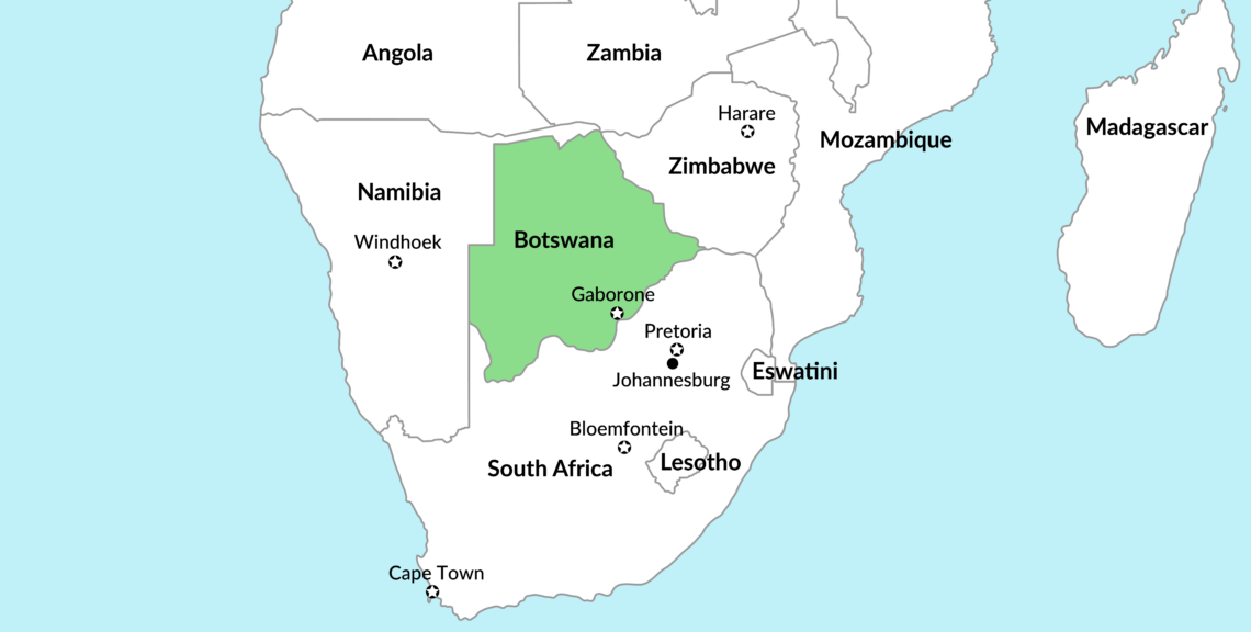 Map of Southern Africa with Botswana highlighted