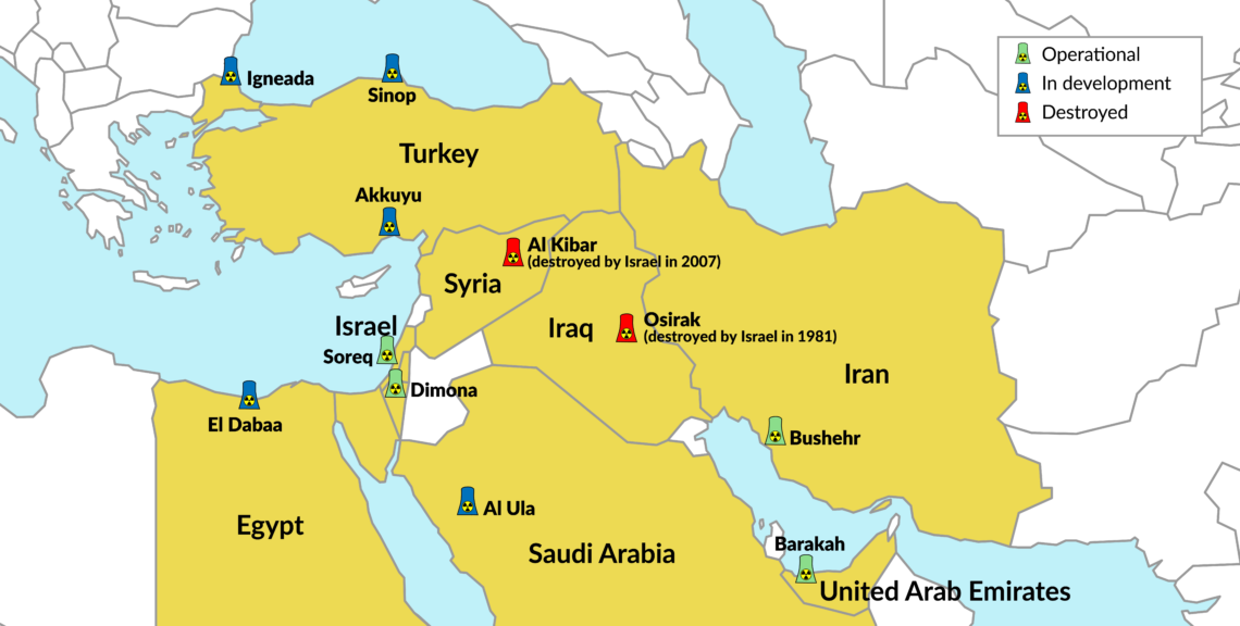 A map showing various nuclear reactor projects throughout the Middle East