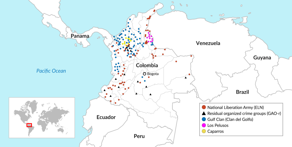 A map showing where Colombia’s organized crime groups operate