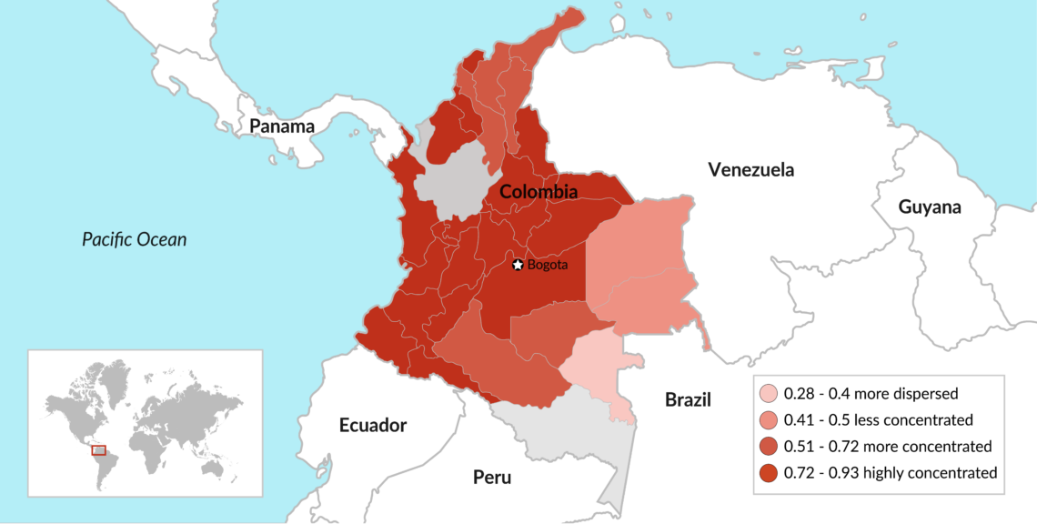 An infographic that quantifies Colombia’s uneven land distribution problem and shows its intensity in various regions
