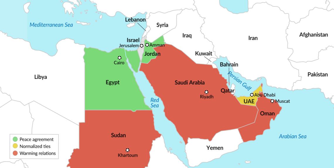 A map of Israel’s relations with countries in the Middle East.