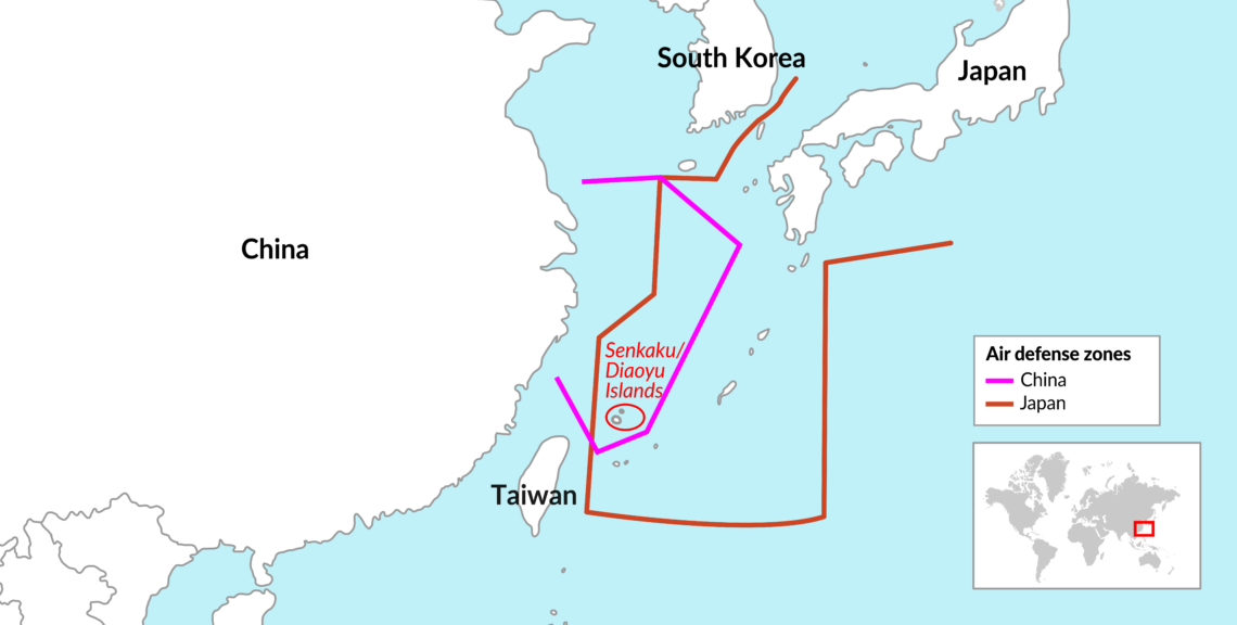 A map showing overlapping air defense zones of China and Japan over the Senkaku/Diaoyu Islands in the East China Sea