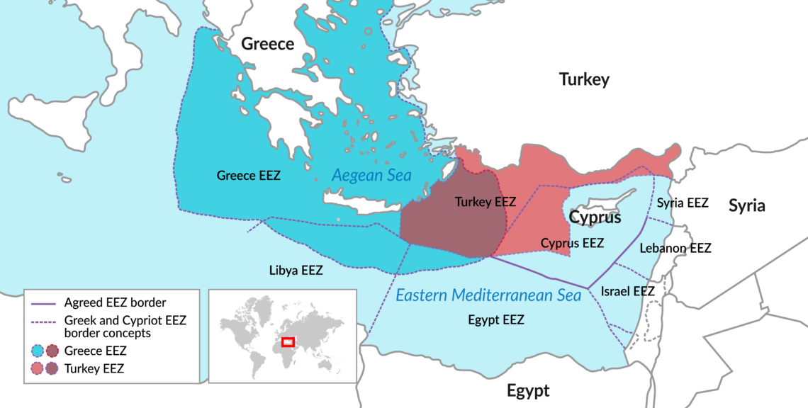 A map showing the contested EEZ delineations of coastal states in the eastern part of the Mediterranean Sea
