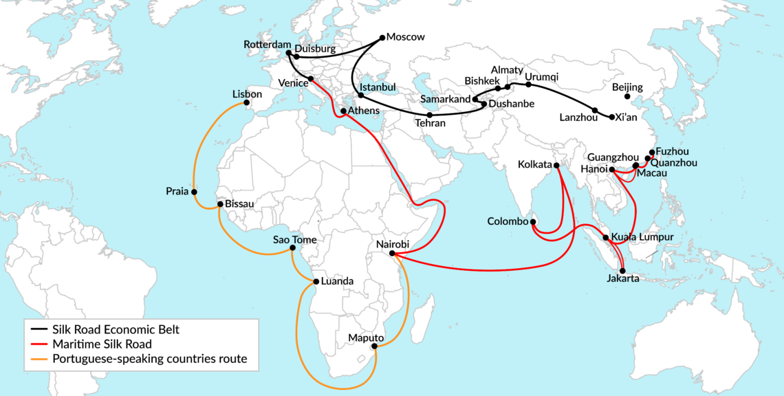 A map of BRI routes including stops in several lusophone countries